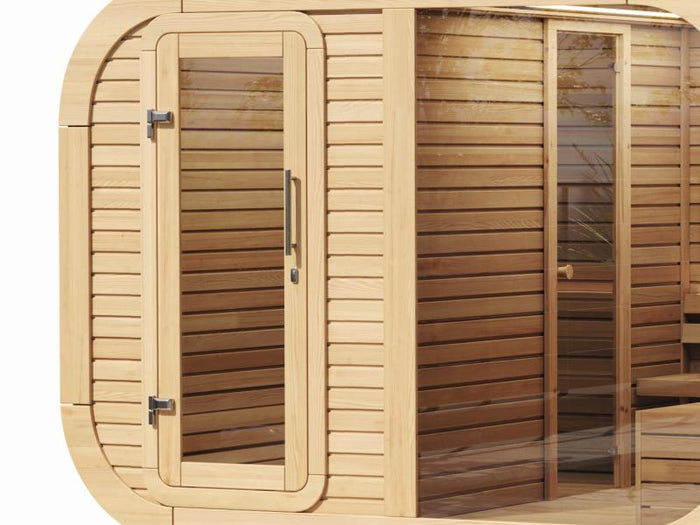 Wolff Finnhaus Sauna Luago 3x2 montiert Typ 3 Art 1, hellgrau, inkl. Dacheindeckung, Vollglasfront u