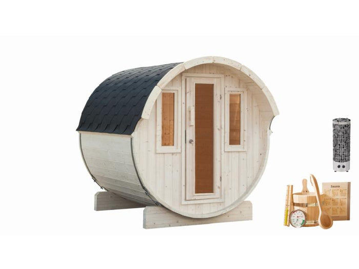 Wolff Finnhaus Saunafass Basic 230 Bausatz Set 3 inkl. 9 kW Ofen integr. Steuerung und DS schwarz