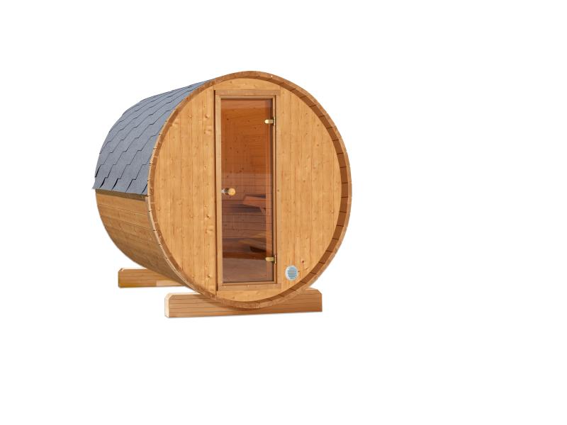 Wolff Finnhaus Terrassen-Saunafass 130 Thermoholz Bausatz mit Dachschindeln in schwarz
